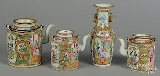 Three Chinese export porcelain rose medallion teapots, 19th c., 5 1/4'' h., 5 3/4'' h., and 7'' h.