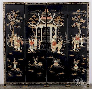 Chinese hardstone mounted black lacquer four-part folding screen, early 20th c., 72'' x 72''.