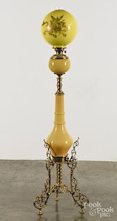 Brass and yellow glass floor lamp, early 20th c., 61 1/2'' h.