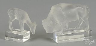 Two Lalique frosted glass figures, of a bison and deer 3 3/4'' h. and 3'' h.