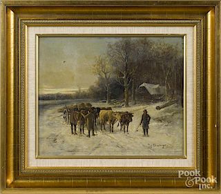 Ignaz Ellminger (Austrian 1843-1894), oil on board winter landscape, with men logging, signed