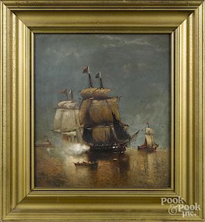 Auguste Musin (Belgian 1852-1923), oil on wood panel harbor scene, titled Fort de Brielle