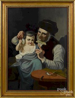 Continental oil on canvas of a man and child, 19th c., with a pocket watch, 35'' x 25''.