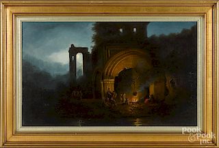Continental 19th c., oil on canvas encampment in the ruins, 22'' x 36''.