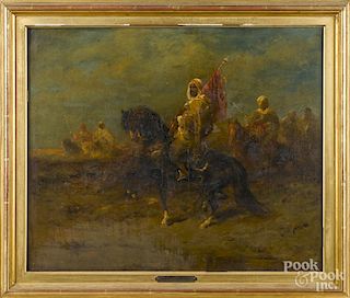 Adolphe Schreyer (French German 1828-1999), oil on canvas landscape with Arab horsemen, signed