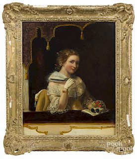 English oil on canvas portrait of a young woman, 19th c., 12'' x 10''.