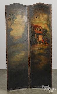 English oil on canvas two-part folding screen, late 19th c., 68'' x 36''.