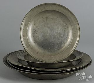 Five English pewter chargers, 18th/19th c., the largest, a Henry Appleton, 17 3/4'' dia.
