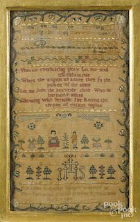 Irish silk on linen sampler, dated 1814, wrought by Catherine Kelly