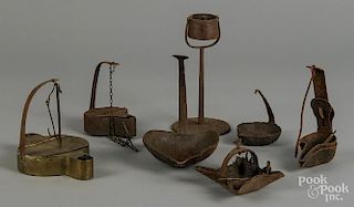 Early lighting, to include brass and iron fat lamps, 18th/19th c.