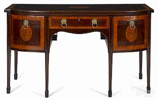 English Hepplewhite mahogany and satinwood sideboard, late 18th c., with urn inlays, 35'' h.