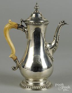 Georgian silver coffee pot, 1764-1765, with an illegible maker's mark _S, 11'' h., 26 ozt.