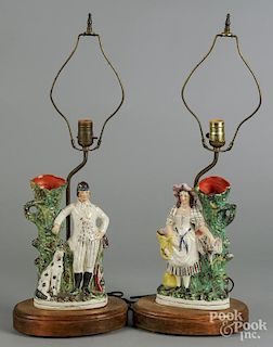 Pair of Staffordshire spill vase table lamps, 11'' h.