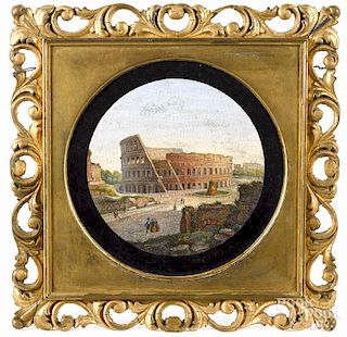 Italian micromosaic plaque, late 19th c., of the Colosseum, sight - 6'' dia.