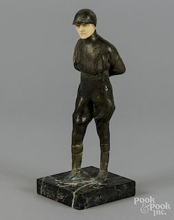 Maurice Guiraud Riviere (French 1881-1947), patinated bronze and carved ivory jockey, 9 1/2'' h.