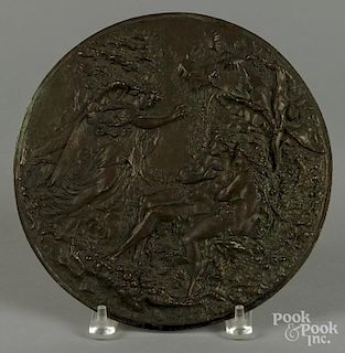 After Guillemin, bronze plaque, with mythological scene, together with a patinated spelter figure