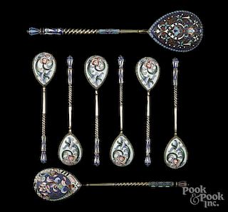 Eight Russian silver enamel spoons, ca. 1900.