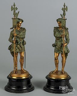Pair of gilt and patinated white metal figures of standard bearers, 18 1/2'' h.