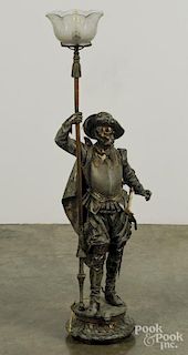 Figural spelter lamp of a conquistador, early 20th c., 46'' h.