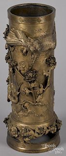 Japanese bronze umbrella stand with high relief bird and floral decoration, 24'' h.