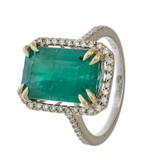 6.19 Natural Emerald, Diamond & 14kt White Gold Ring, Size: 6.5, 5.11g