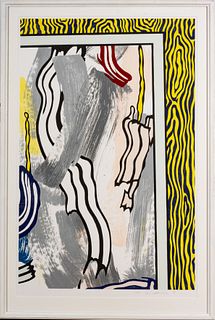 ROY LICHTENSTEIN (AMER, 1923–1997) WOODCUT AND LITHOGRAPH IN COLORS ON ARCHES 88 , 1984 H 44" W 28.5" PAINTING ON BLUE AND YELLOW WALL 