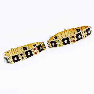 Pair of Lady's Vintage Italian Zancan 18 Karat Yellow Gold, Diamond, Sapphire, Emerald, Ruby and Black Onyx Bracelets