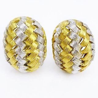 Vintage 18 Karat Yellow and White Gold Basket Weave Earrings