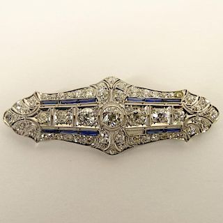 Art Deco Approx. 2.5 Carat Old European Cut Diamond, Sapphire and Platinum Bar Brooch.