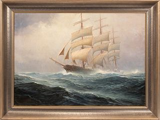 JOHANNES HOLST (GERMAN 1880-1965) OIL ON CANVAS, 1919, H 31.5", W 41.5", THREE-MASTED SHIP IN ROUGH SEAS 