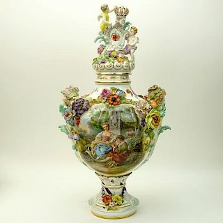 Antique Dresden German Hand Painted Porcelain Covered Urn