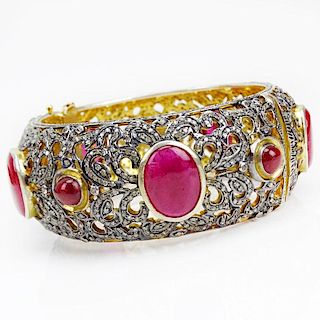 Cabochon Ruby, Bench and Rose Cut Diamond, 18 Karat Yellow Gold and Silver Bangle Bracelet