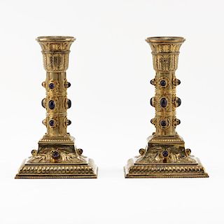 Pair of Early 20th Century Viennese Gilt Silver Candlesticks with Inset Cabochon Amethysts and Pearls