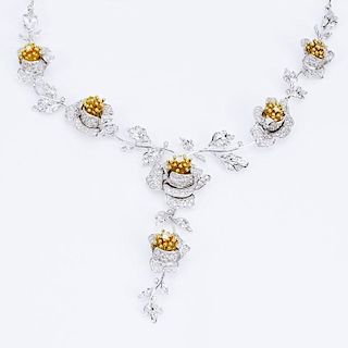 6.78 Carat Round Brilliant Cut Diamond and 18 Karat White and Yellow Gold Flower Necklace.