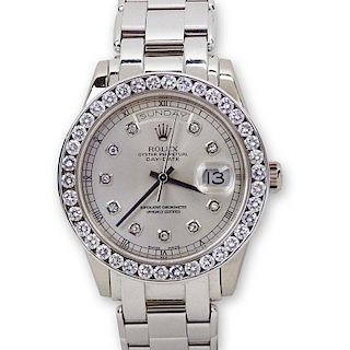 Men's 18 Karat White Gold Rolex Oyster Perpetual Day- Date with Diamond Bezel and Hour Markers