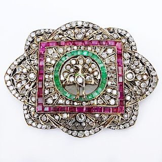 Antique Rose Cut and Single Cut Diamond, Emerald, Ruby and 18 Karat White Gold Brooch