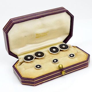 Man's Vintage Diamond, 14 Karat Yellow and White Gold and Onyx Dress Shirt Set Including Cuff Links and Shirt Studs in Tiffan