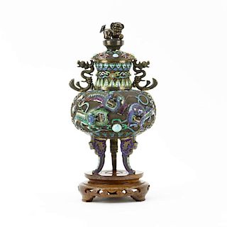 Vintage Chinese Enameled Filigree Silver Censer with Relief Dragons, Dragon Handles, Foo Lion Finial and Cabochon Turquoise A
