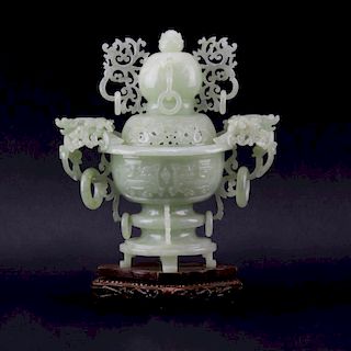 Chinese Carved Jade Reticulated Covered Urn on Wooden Stand