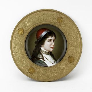 19th Century German Hand Painted Porcelain Portrait Charger Mounted in Gilt Metal/Brass Frame