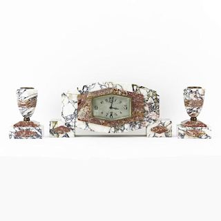 Circa 1930s 3Pc. Art Deco UCRA Marble Clock Garniture Set.