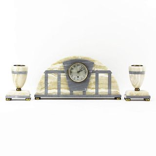 3Pc. French Art Deco Half Moon Marble Clock Garniture Set.