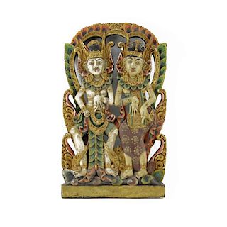 Large Hindu Deities Gilt Hand Painted Wood Carving