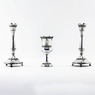 Grouping of Zadok Sterling Silver Filigree Candlesticks and Kiddush Cup