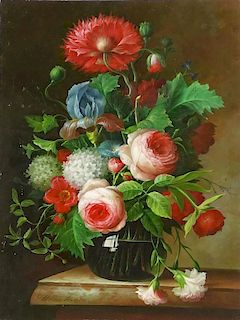 Thomas Webster, Continental (20/21st C) Oil on panel "Still life of flowers in a vase on a stone ledge" Signed