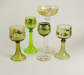 Lot of Five (5) Hand Painted Vintage German Roemer Goblets