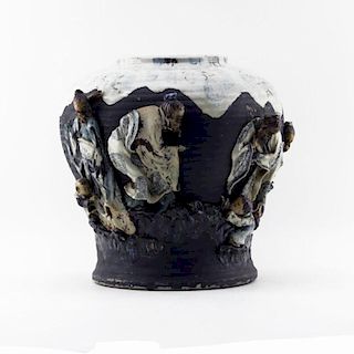 Antique Japanese Sumida Gawa Raised Relief Pottery Bulbous Shaped Vase