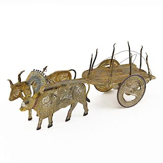 Vintage Topazio Portugal Miniature Sterling Silver and Enamel Bull-Drawn Carriage