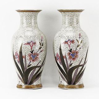 Pair of 20th Century Chinese Faux Cloisonné Porcelain Baluster Vases with Iris Decoration
