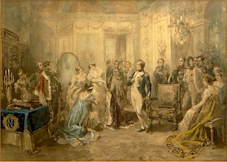 after: Vincente De Garcia Paredes, Spanish (1845- 1903) Hand Colored Lithograph "In the Parlor with Napoleon" in Carved Gilt 